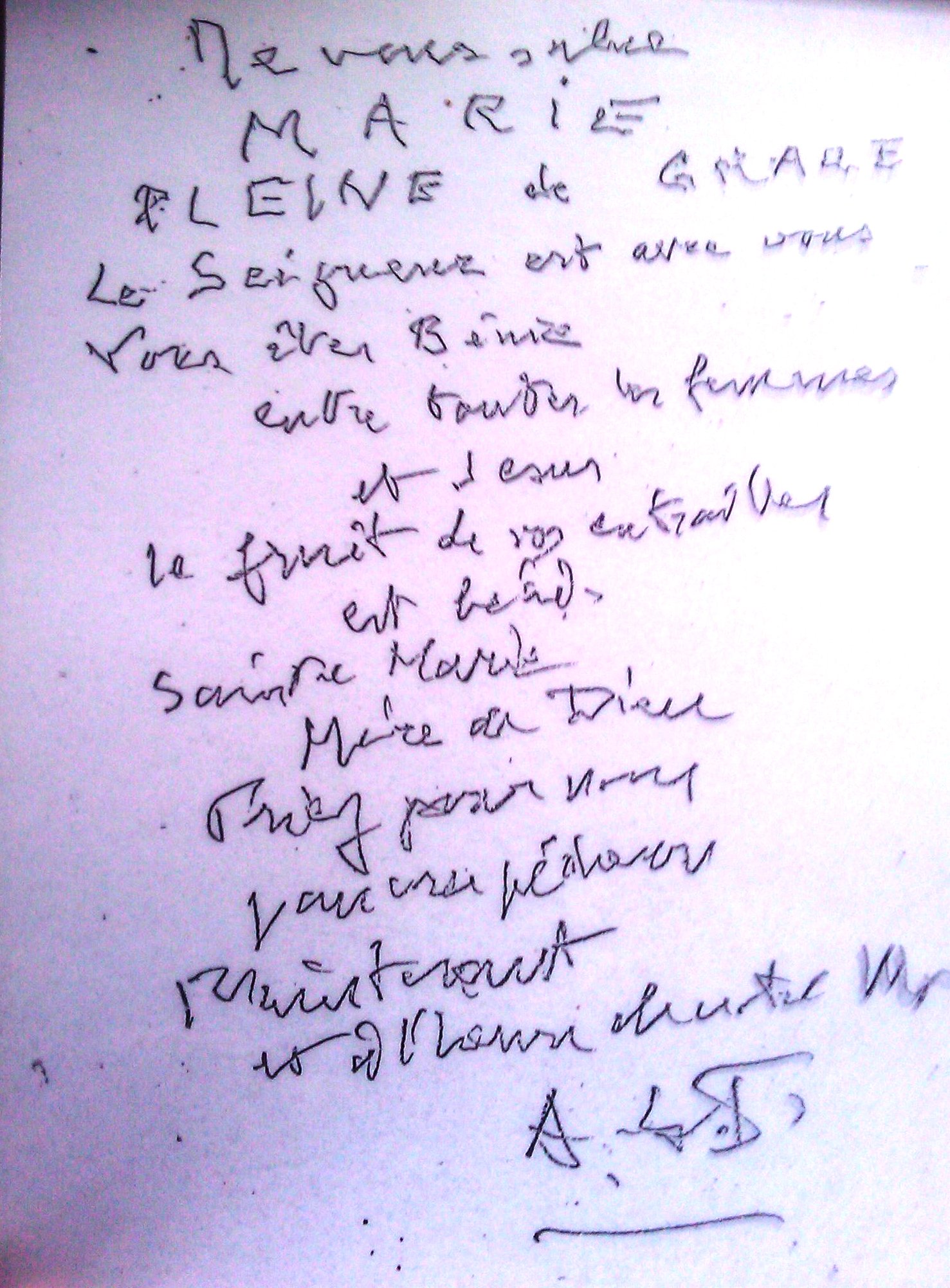 La nuit de sa mort, 1er février 1977, Jean Rodhain écrit un premier Je vous salue Marie. Je vous salue Marie
